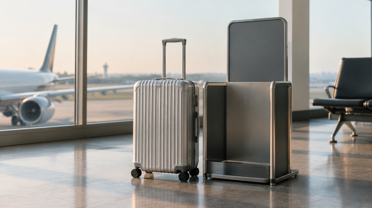 空港の搭乗口で、機内持ち込み手荷物のサイズ確認器の横に置かれたアルミスーツケース