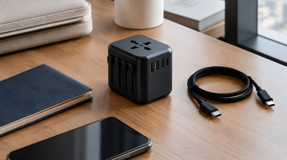 ホテルの机に置かれたトラベルアダプター、USB-Cケーブルとパスポート