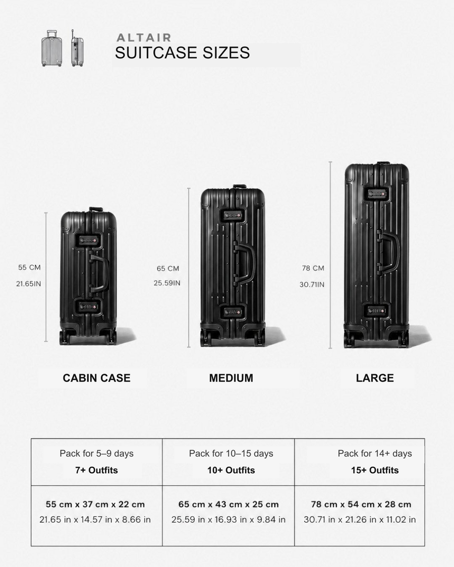 Dimensions chart for the ALTAIR Original Cabin black suitcase